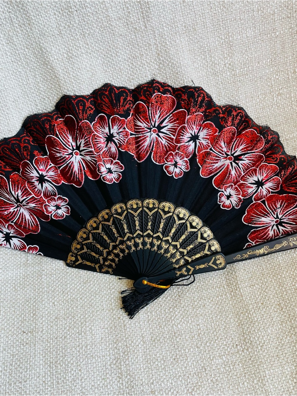 Handheld Black & Red Flamenco Floral Folding Fan